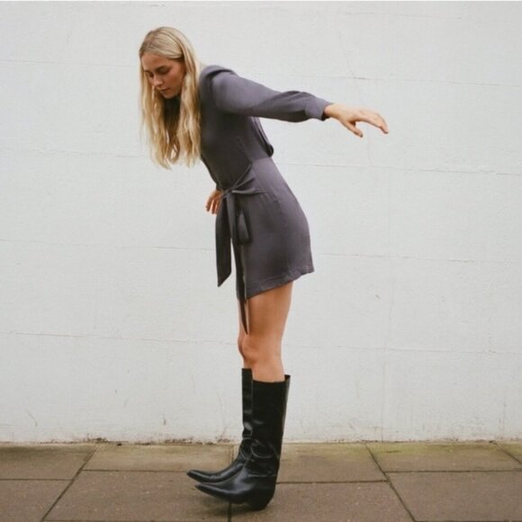 Zara Knotted Satin Effect Shirt Dress in Muted Purple Size Lg - Picture 2 of 8